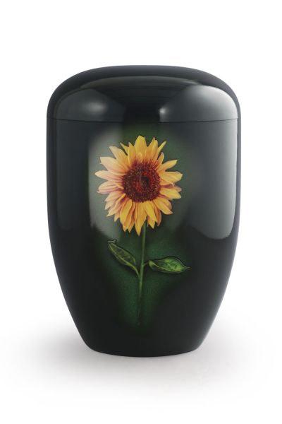Naturstoffurne in Schwarz mit dem Motiv einer einzelnen gelben Sonnenblume
