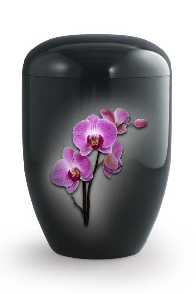 Naturstoffurne in Schwarz mit dem Motiv einer rosafarbenen Orchidee