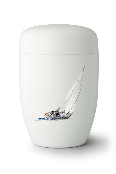 Naturstoffurne in Weiß mit dem Motiv eines Segelbootes